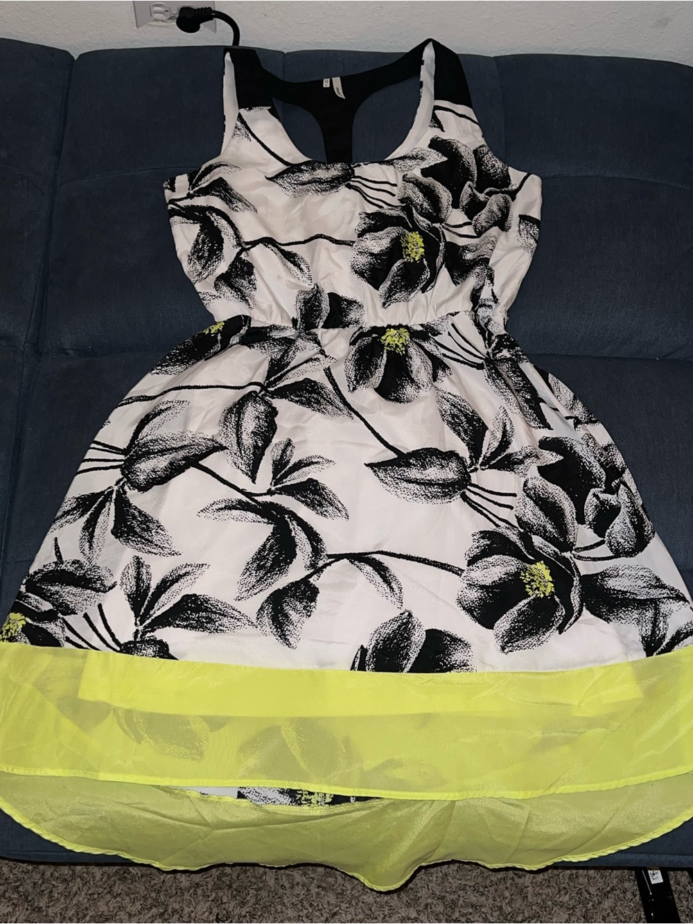 Studio Y Black & White Floral Dress with Neon Yellow Hem
